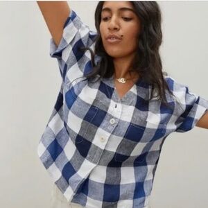Everlane The Linen Utility Shirt Navy Gingham XS